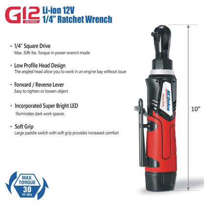 ACDelco ARW1207P G12 Series 12V Cordless Li-ion 1/4” 30 ft-lbs. Torque Ratchet Wrench Tool Kit , Red - WoodArtSupply