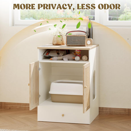Cat Litter Box Enclosure Furniture Hidden - Indoor 3-in-1 Wooden Cat House & Washroom Cabinet with Scratching Board Doors, Shelf and Feeder Bowls, 23.6”x17.7”x32.7”H Faceket