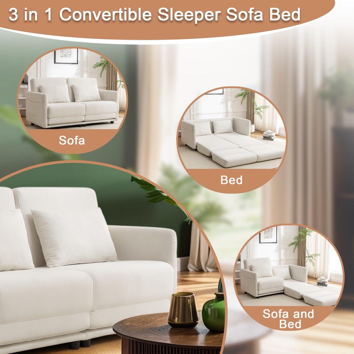 Korser 56.3" W x 74.8" D Small Full Size Pullout Sofa, Futon Sofa Bed with Side Pockets, Convertible Loveseat with Washable Breathable Cover, Living Room Futon Sofa, White Korser