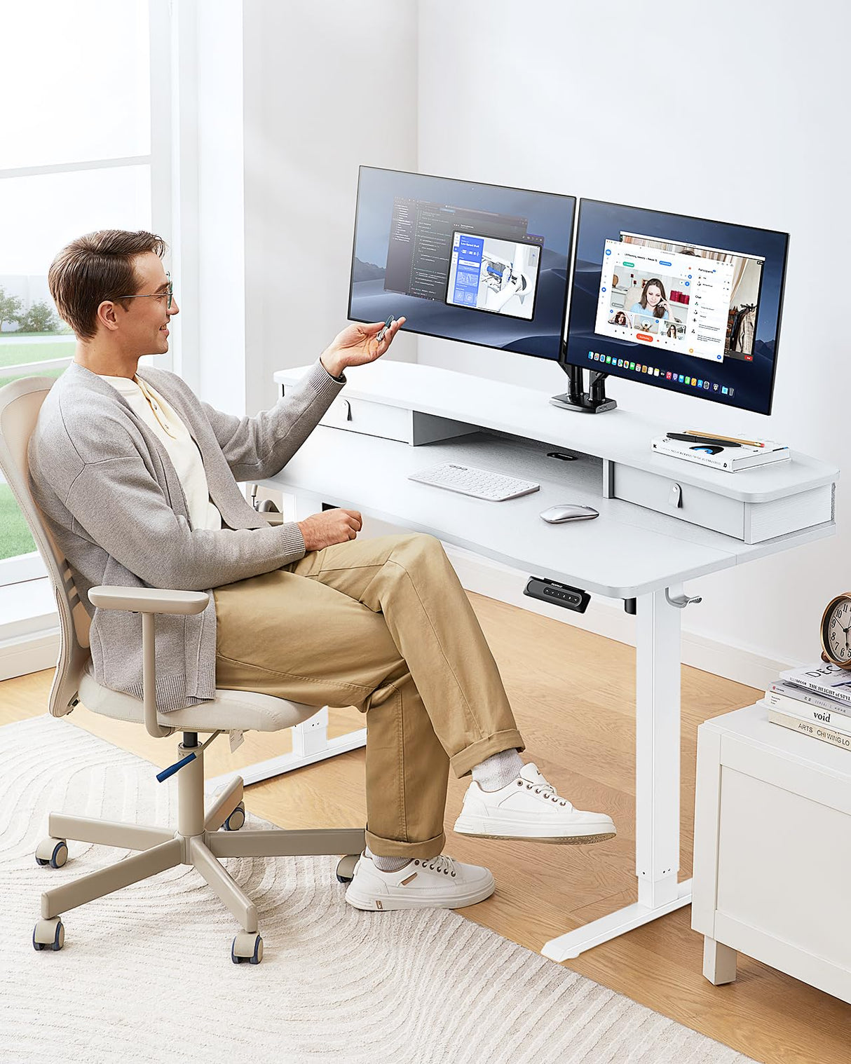 HUANUO 48″ x 24″ Electric Standing Desk with 2 Drawers, C-Clamp Mount Compatible, Height Adjustable Computer Desk, Home Office Stand Up Desk with 4 Preset Heights & 2 Hooks, White HUANUO