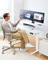 HUANUO 48″ x 24″ Electric Standing Desk with 2 Drawers, C-Clamp Mount Compatible, Height Adjustable Computer Desk, Home Office Stand Up Desk with 4 Preset Heights & 2 Hooks, White HUANUO