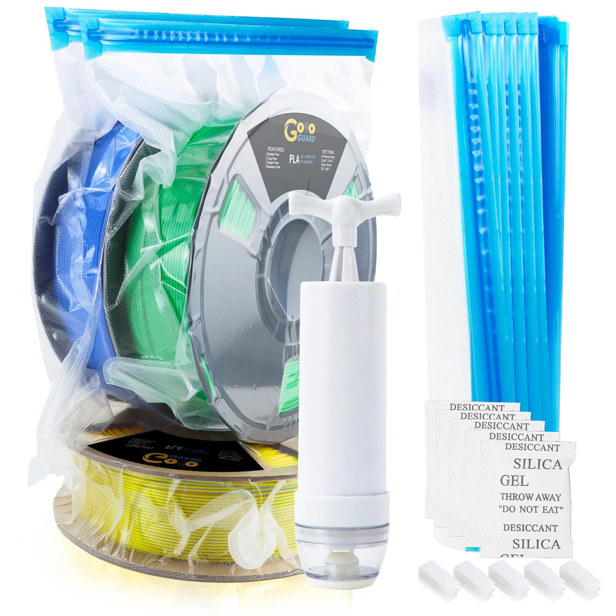 Goto Guard 16Pcs Filament Vacuum Storage Bags Kit with Hand Pump, 3D Printer Filament Storage Bags for Keeping Dry and Clean, 5 Filament Bags with 5 Desiccants,5 Clips,After Using Filament Dryer Box Goto Guard