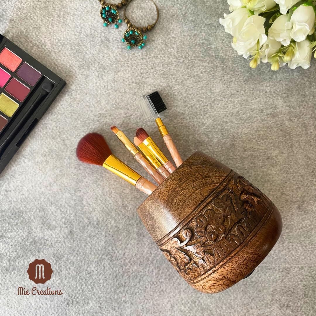 Mie Creations Designer Pencil Holder for Desk Wood | Wooden Pen Stand, Paintbrush Cup, Desk Accessories, Cute Make Up Brush Organizers | Office Desktop Stationery, Mothers Day Gift for Mom- 4'' Brown Mie Creations