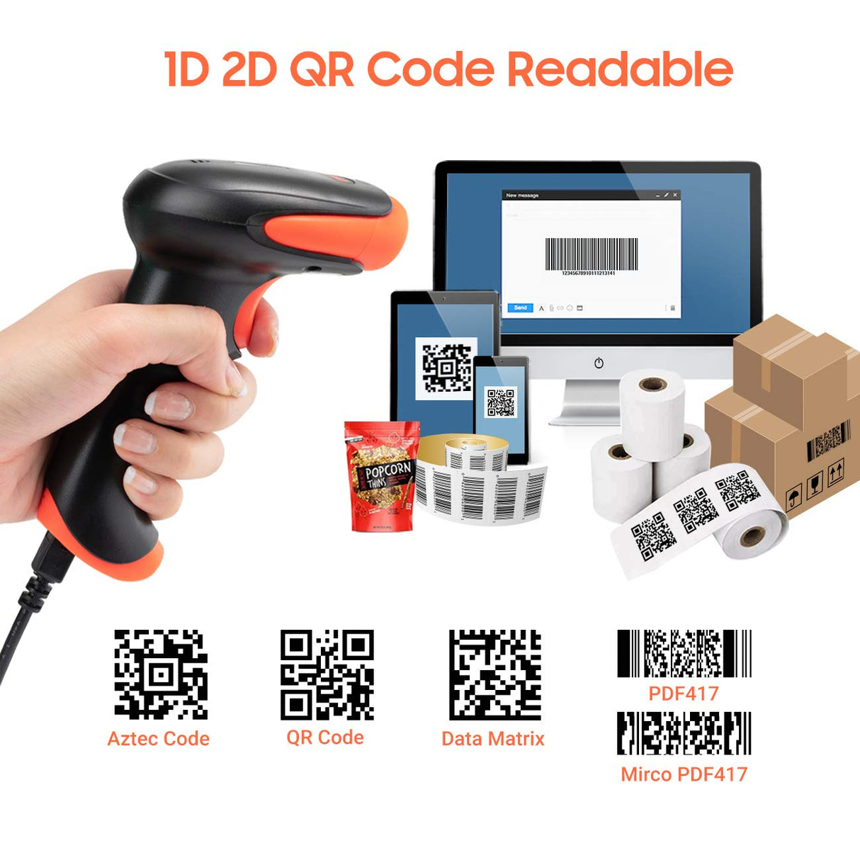 Tera Wireless 2D QR Barcode Scanner with Stand, 3 in 1 Compatible with Bluetooth & 2.4GHz Wireless & USB Wired Barcode Reader Handheld Bar Code Reader HW0001 Tera