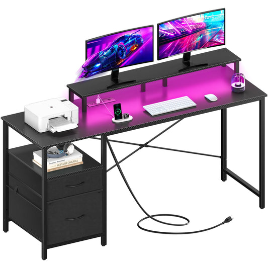 Yoobure Computer Desk with Drawers, 55.1" Gaming Desk with LED Lights & Power Outlets, Office Desk with File Cabinets, Gaming Table with Long Monitor Stand, PC Desk with Storage, Carbon Fiber Black