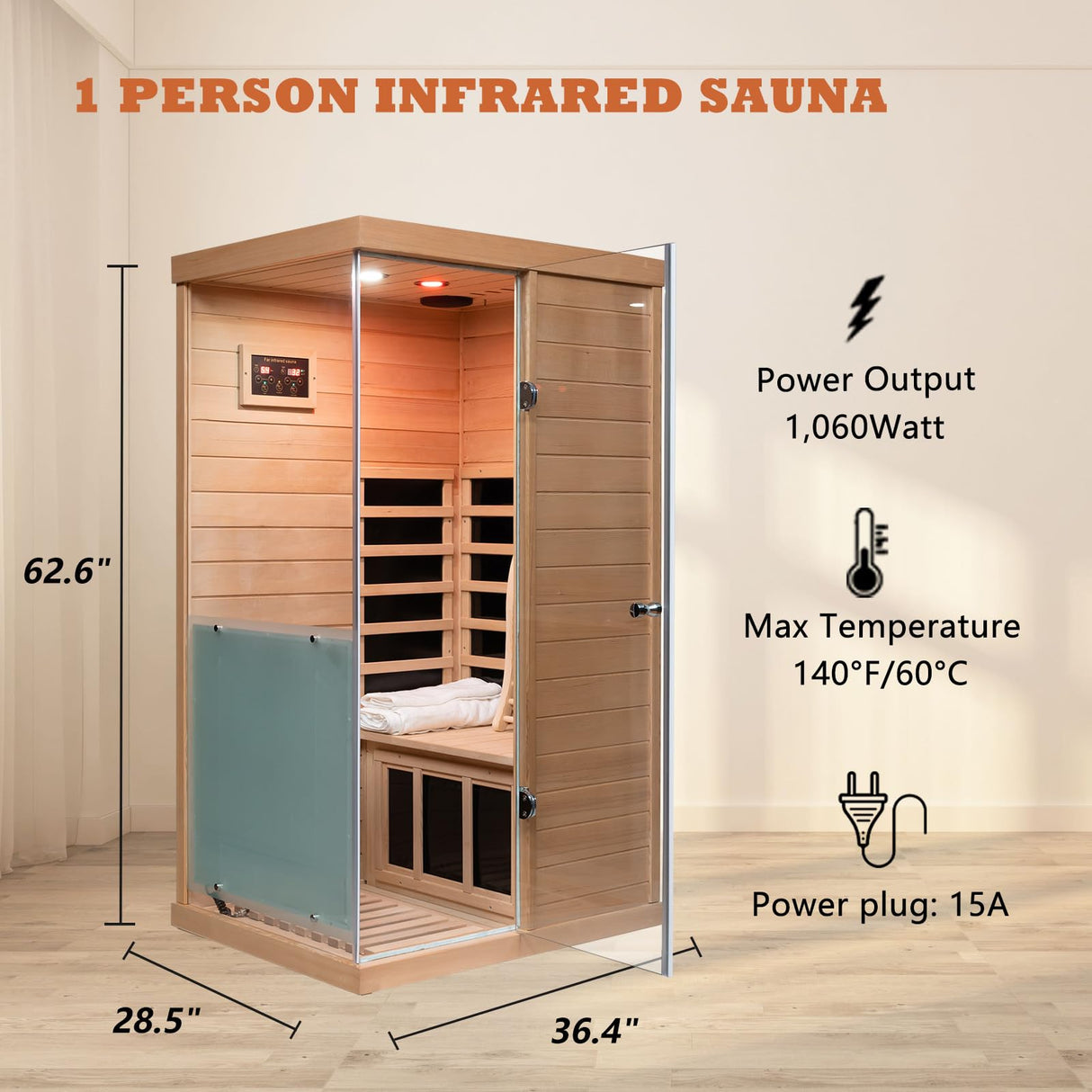 1 Person Infrared Sauna | Far Infrared Home Sauna | 1,060 watt | 6 Low EMF Heaters | Canadian Hemlock | Tempered Glass Door | Indoor Saunas with Red Lamp, Bluetooth, LCD, LED (Random Left/Right) Wizzisauna