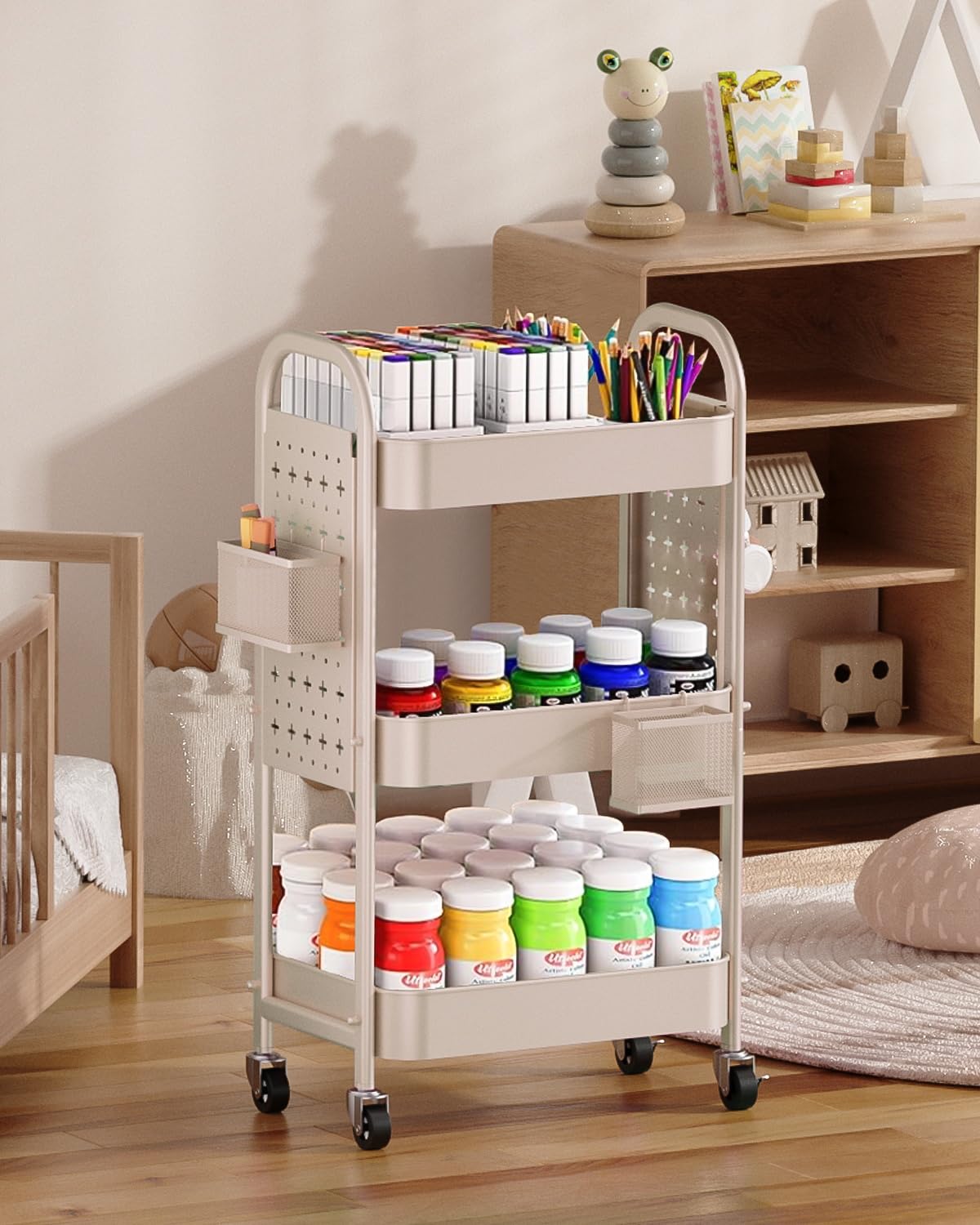 ALVOROG 3 Tier Rolling Cart with DIY Pegboards Metal Utility Cart with Wheels Handles Baskets Hooks, Craft Cart for Office Kitchen Bathroom(Khaki) ALVOROG