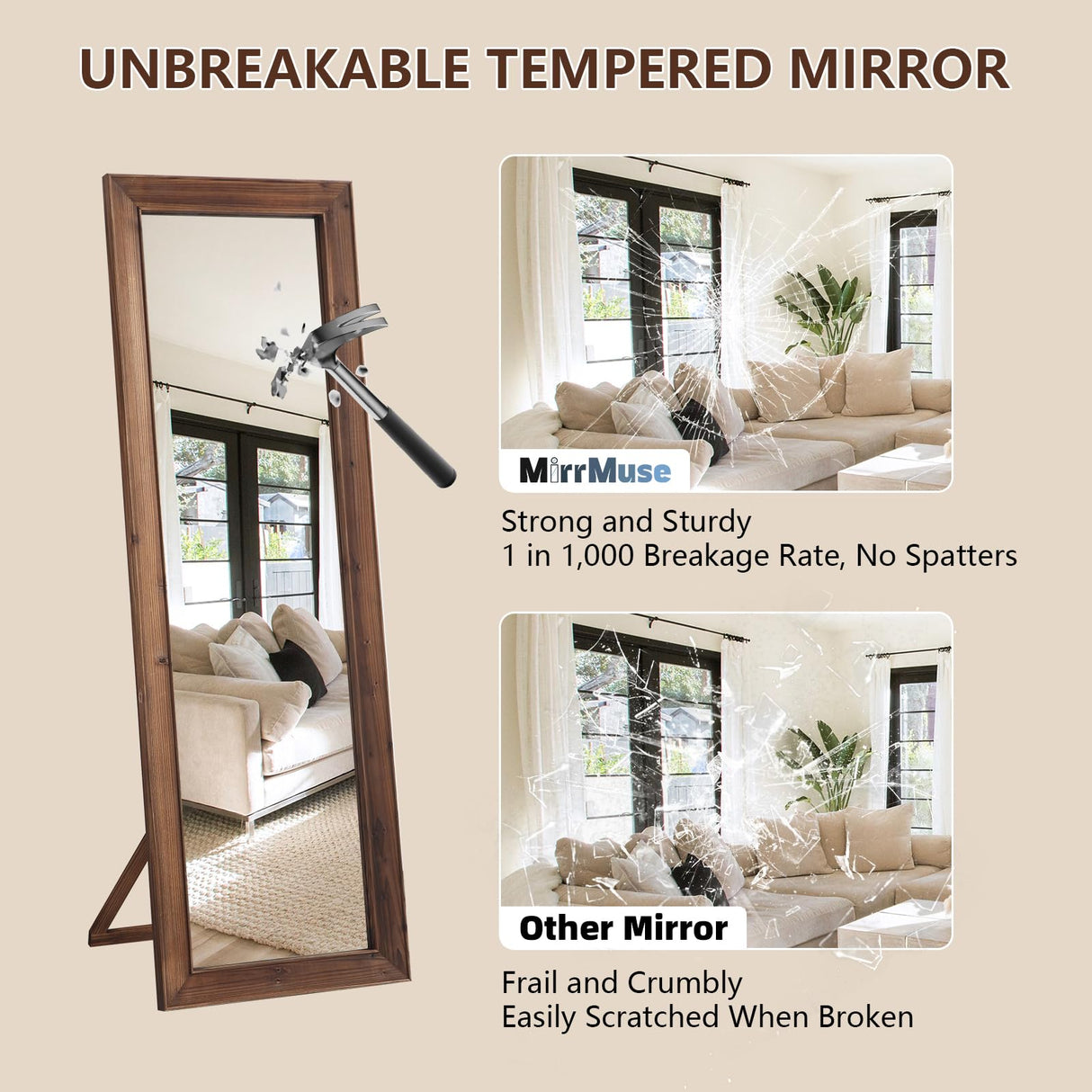 Rustic Farmhouse Full Length Mirror 64"X21" Wood Frame Floor Mirror with Stand, Free Standing Mirror Leaning or Hanging Full Body Mirror Tempered Glass Long Mirror for Bedroom Living Room, Brown MirrMuse