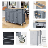 Merax Rolling Mobile Kitchen Island Cart with Wood Top and Locking Wheels, 4 Door Cabinets and 2 Drawers, Spice & Towel Rack, 54.3 Inch Width, Grey Blue Merax