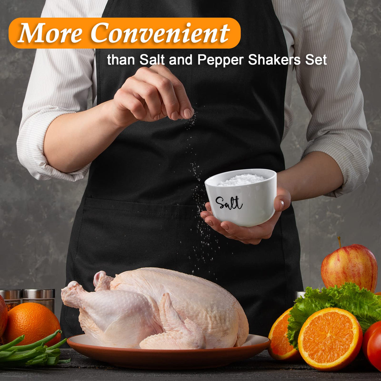 DAYYET Salt and Pepper Bowls, 10 oz Salt Cellar with Lid, Stacked Ceramic Salt Pepper Container with Acacia Wood Lid, Salt Box for Countertop, Modern Kitchen Decor, Set of 2, White DAYYET