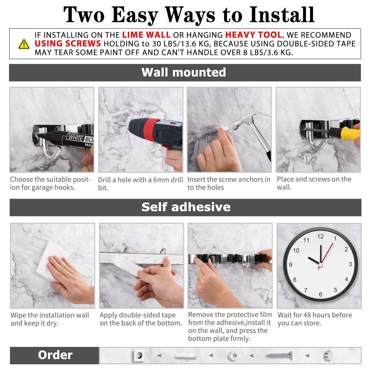 2 Pack 3 Racks and 4 Hooks Broom and Mop Holder Wall Mounted Garage Organizer Storage Tool Racks Stainless Steel Heavy Duty Hooks Self Adhesive Solid Non-slip Wall Hangers for Home Kitchen Garden AceMining