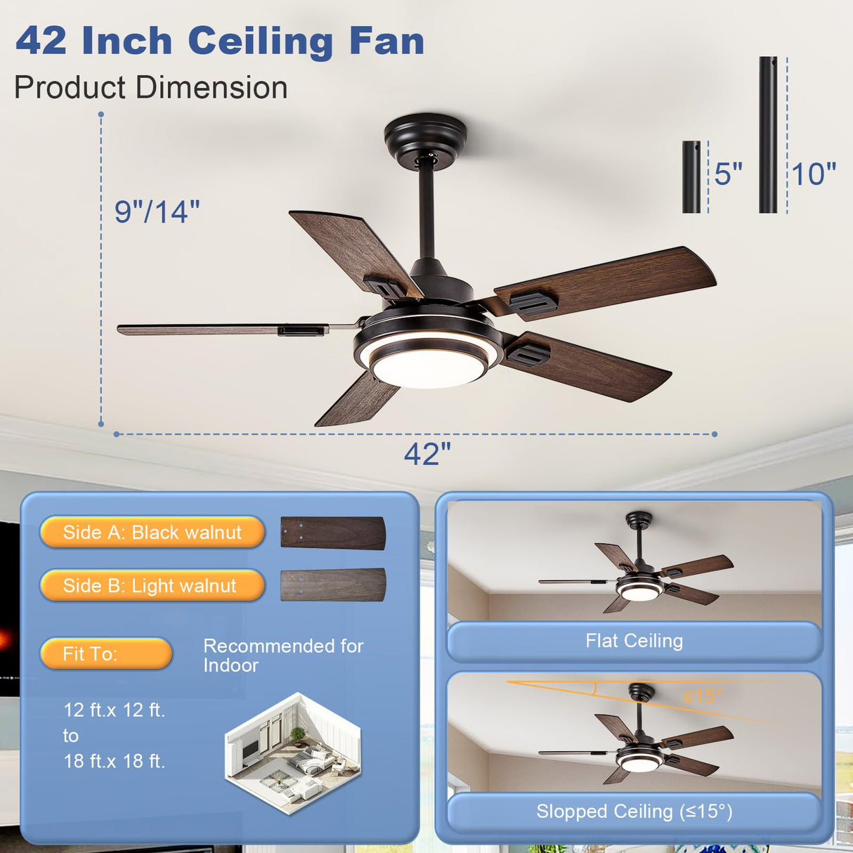 Depuley 42-Inch Ceiling Fan with Light: Walnut Ceiling Fans with 5 Blades Dual Finish Reversible - Farmhouse Ceiling Fan with Remote Control for Living Room Outdoor Patios Depuley