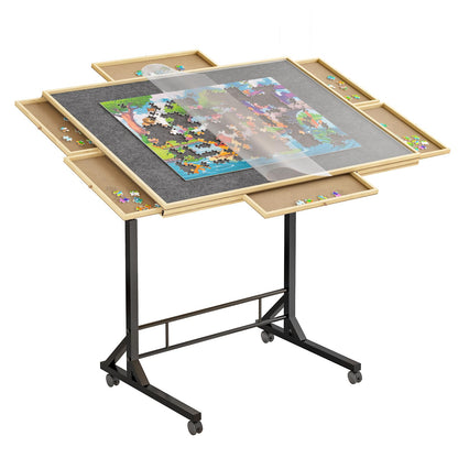 1500 Piece Jigsaw Puzzle Table with 6 Drawers and Legs, Adjustable 34"x 26" Wooden Puzzle Board with 4 Wheels, Height and Angle Adjustable Gifts for Adults and Kids