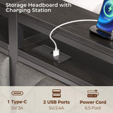 Seventable Bed Frame King Size with Charging Station, LED Bed with Upholstered Storage Headboard, Metal Platform Bed with Under Bed Storage, No Box Spring Needed, Noise Free, Easy Assembly, Grey Seventable