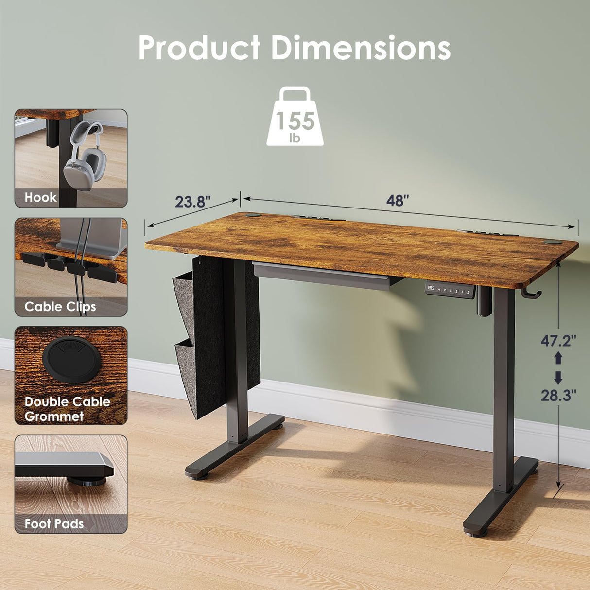 DSNAPE Electric Standing Adjustable Desk with Drawers, 48" x 24" Sit Stand Up Desk Adjustable Height with Side Storage for Home and Office, Rustic Brown DSNAPE