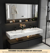 Double Sink Bathroom Vanity, Floating Bathroom Vanity with LED Smart Defogging Mirror and One-Piece Sink, Modern Bathroom Vanities with Open Floating Shelf, Rock Countertop & Faucet (Black,72") LUTHXAY