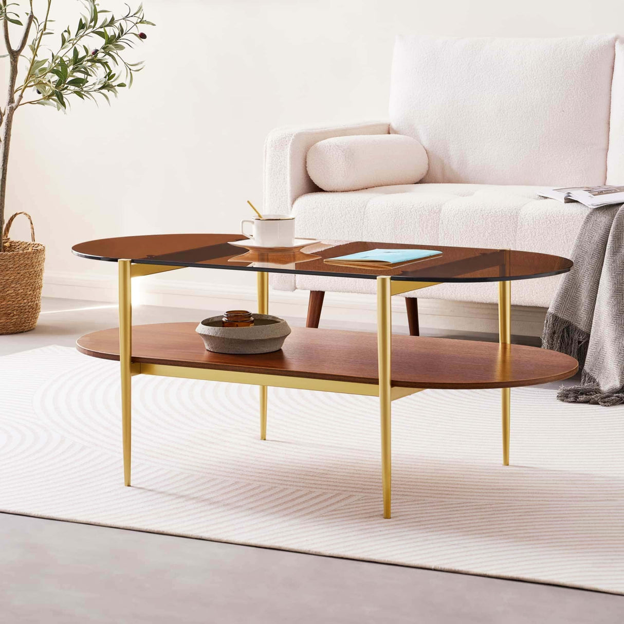 LumFurn Oval Glass Coffee Table, Mid-Century Modern Design, L41 x W21 x H17 inch, for Living Room, 2-Tier Structure, Amber Glass Top and Walnut Finish Wood Shelf, Conical Legs with Gold Finish Frame LumFurn
