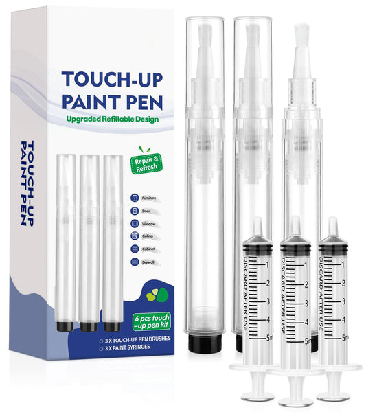 Fillable Touch Up Paint Pen Brush, 3 Pcs Paint Pen for Wall Touch Up, Refillable Paint Pens for Walls, Wood Floors, Cabinets, Windows, Doors (6 Pcs(Pack of 1))