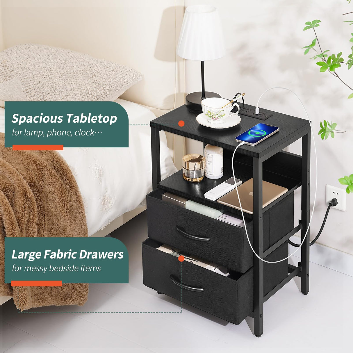 Yoobure Nightstand with Charging Station, Small Night Stand with Fabric Drawers and Storage Shelf for Bedrooms, Nightstands for Small Spaces, Bedside Table with USB Ports & Outlets Bed Side Table Yoobure
