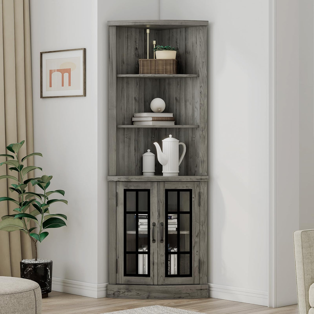 AMERLIFE Curved Corner Storage Cabinet, 65" Tall Freestanding Bookcase with Glass Doors & Adjustable Shelves, 5-Tier Corner Display Cabinet for Living Room, Bathroom, Laundry Room, Washed Grey AMERLIFE