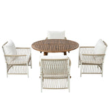 Modern 5-Piece Outdoor Patio Dining Set, All-Weather Acacia Wood Extendable Round Dining Table with 12inch Butterfly Leaf and 4 Rattan Arm Chairs for Backyard, Garden, Poolside CKLMMC