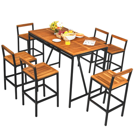 Tangkula 7-Piece Acacia Wood and Rattan Outdoor Bar Set with Umbrella Hole and Backrest Stools