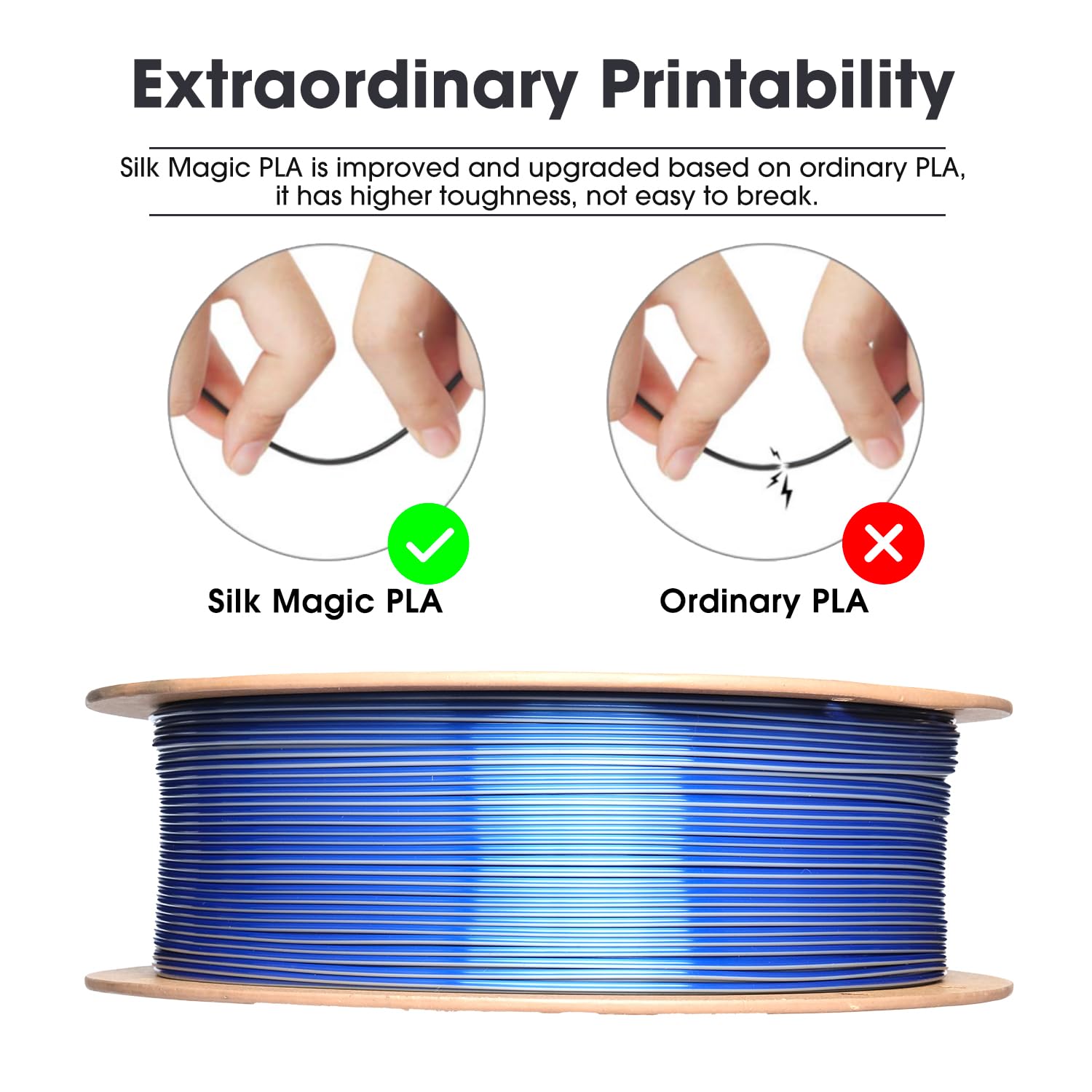 eSUN Silk Magic PLA Filament 1.75mm, Shiny Silk Dual Color Co Extrusion 3D Printer Filament, 1KG (2.2 LBS) Spool 3D Printing Color Change Filament for 3D Printers, Blue Silver - WoodArtSupply