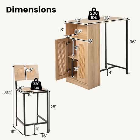 Tangkula 3-Piece Counter Height Bar Table Set, Kitchen Table with 2 Bar Stools & Storage Shelves, Breakfast Table Set with Backrests & Footrests, Rectangular High Top Pub Table with Chairs for 2 Tangkula
