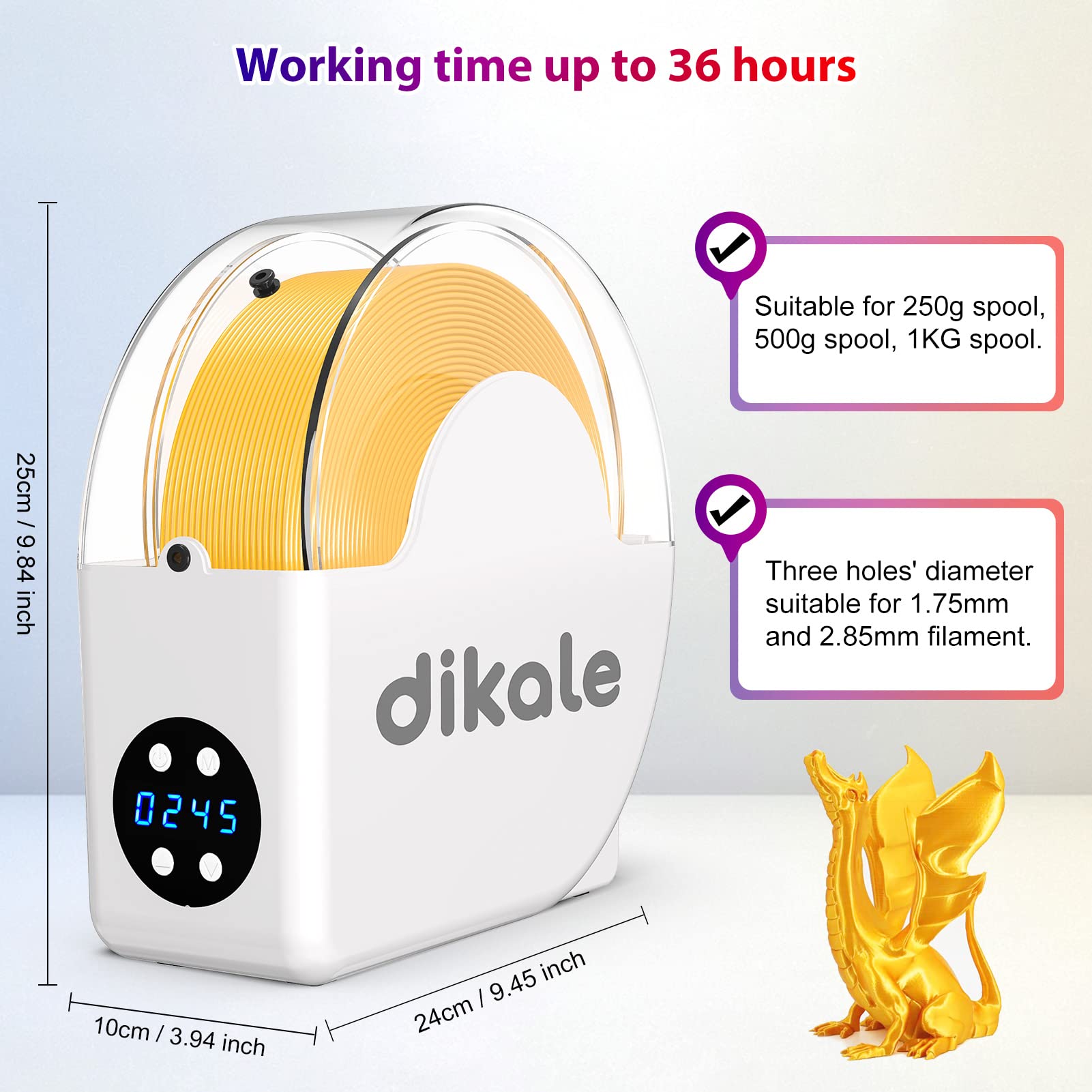 dikale 3D Printer Filament Dryer Box with Fan, Up to 70°C Heat Circulation Quick Dryer HS01, Spool Holder Storage Box Compatible with 1.75mm 2.85mm 3D Printing Filament PLA PETG ABS Nylon, Wh - WoodArtSupply