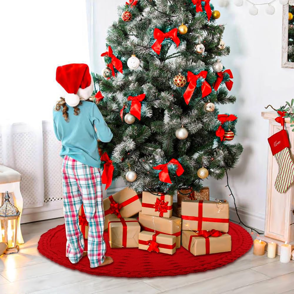 YUJUN 48 Inches Christmas Knitted Tree Skirt Decorations Xmas Large Red Chunky Cable Farmhouse Thick Rustic Tree Skirt for Merry Christmas Tree Holiday Home Party Decoration YUJUN