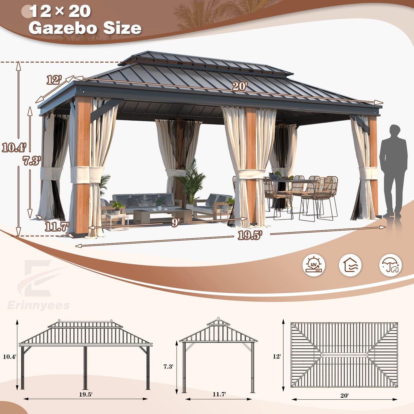 YOLENY 12' x 20' Ultra-Thick Faux Wood Grain Aluminum Frame Hardtop Gazebo, Vertical Stripe Galvanized Steel Double Roof, Outdoor Patio Gazebo