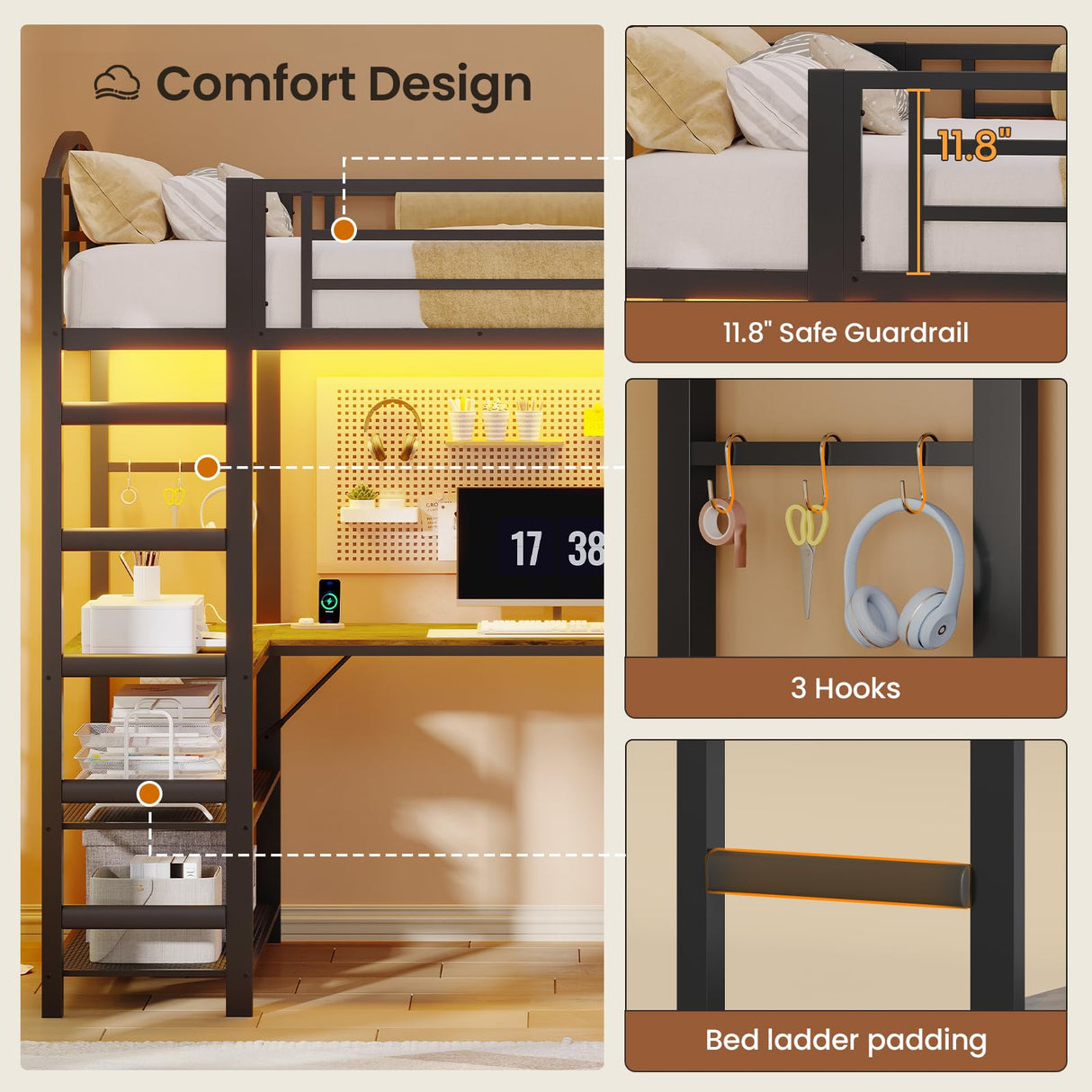 Loft Bed Twin Size with L Shape Desk,4 Drawers,Cloth hanging rack,2-Tier Storage Shelves Metal Loft Bed Frame with Power Outlet and LED Lighted,No Box Spring Needed,Space-Saving,Noise Free (Black) UPOSOJA