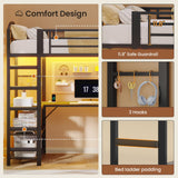 Loft Bed Twin Size with L Shape Desk,4 Drawers,Cloth hanging rack,2-Tier Storage Shelves Metal Loft Bed Frame with Power Outlet and LED Lighted,No Box Spring Needed,Space-Saving,Noise Free (Black) UPOSOJA