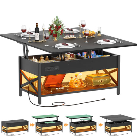 Aheaplus Coffee Table Lift Top Multi-Function Coffee Table Converts to Dining Table, with LED Light and Power Outlet, Center Table with Shelves for Living Room Reception Home Office, Black Aheaplus