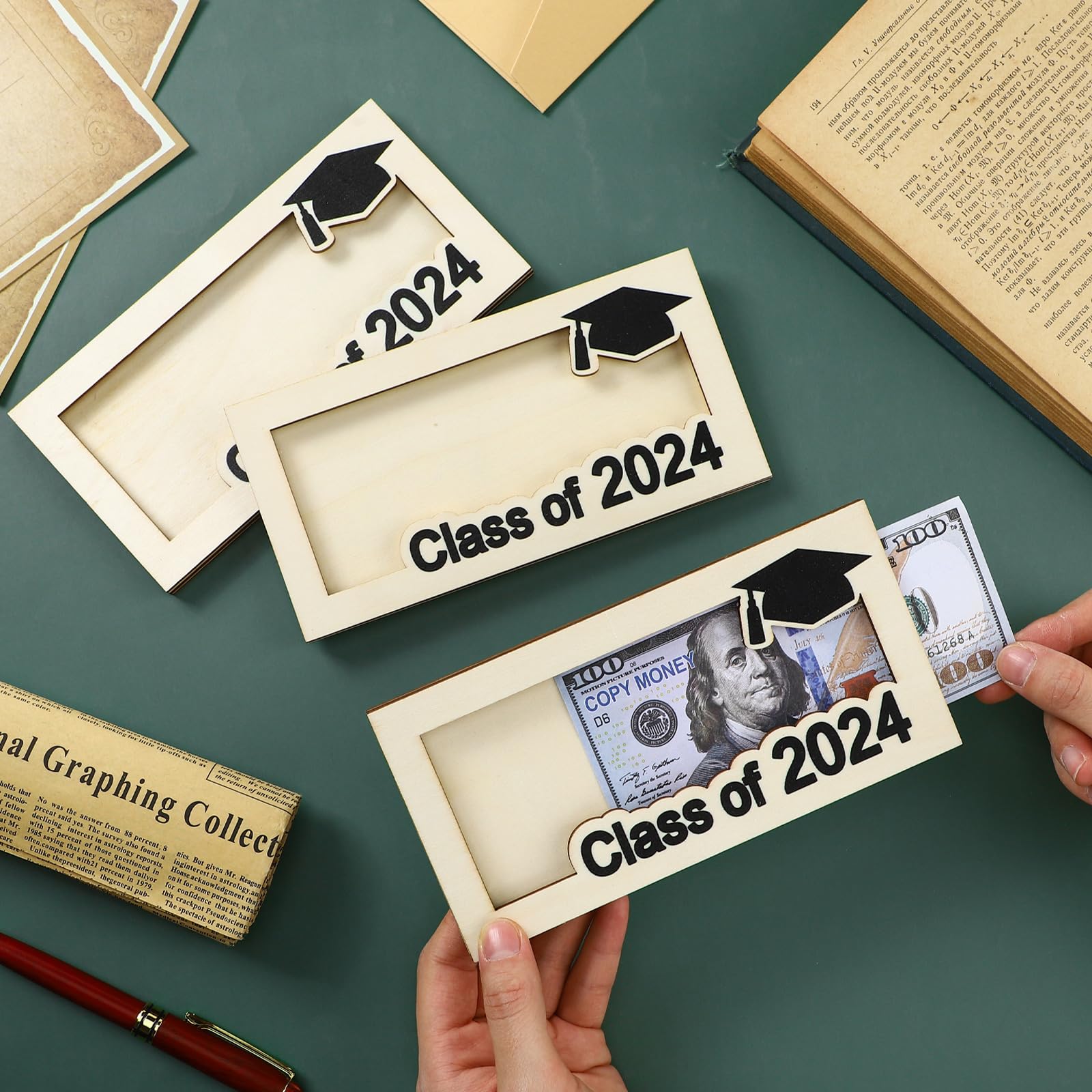 Beeveer 3 Pieces Graduation Money Gift Holder Wooden Graduation Card Box Cash Holder Class of 2024 Cash Envelope Money Wallet Senior Money Gift DIY Money Holder Birthday Present for Grad - WoodArtSupply