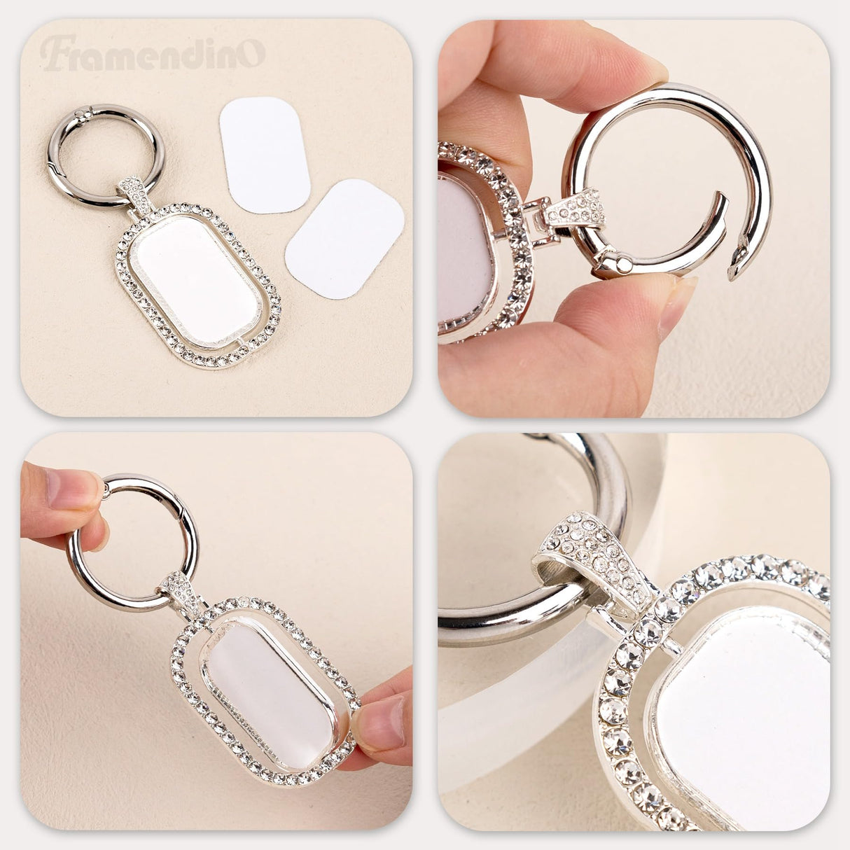 Framendino, 6 Pack Sublimation Blanks Metal Keychains Rhinestone Heat Transfer Square Rectangle Press Key Rings for Personalized DIY Crafts Photo Framendino
