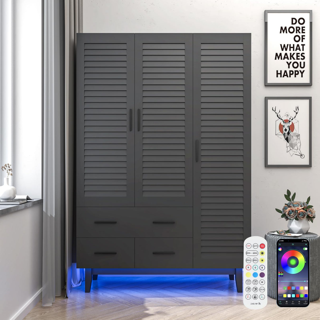 jiteentarou 3 Door Armoire Wardrobe Closet Cabinet with Drawers and LED Lights, Multi-Tier Shelves, Hanging Rod & 3 Louver Doors, Large Capacity Storage Wardrobe Armoire for Bedroom(3 Doors Black) jiteentarou