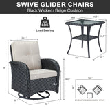 Artfurniz Outdoor Swivel Glider Rocker Chairs - 3 Piece Patio Furniture Set, Patio Bistro Sets with Tempered Glass Side Table, for Balcony, Porch - Black Wicker, Beige Cushion Artfurniz