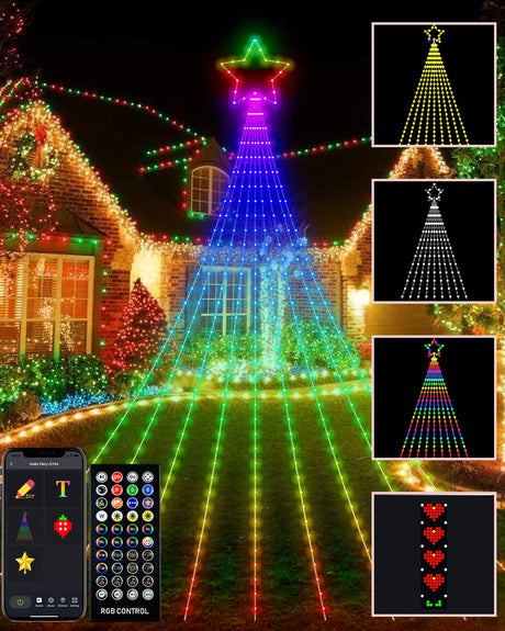 Outdoor Christmas Decorations Lights with Star, Smart DIY Custom Display 11.8Ft 64 Modes Yard Waterfall Tree String Lights, App Control 344LED RGB Color Changing Music Timer for Xmas Tree Lawn Decor Avatar Controls