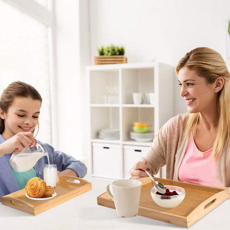 2 Pack Bamboo Serving Tray with Handles, Portable Bed Tray for Breakfast Dinner, Eating Trays for Living Room,Restaurants JUPELI