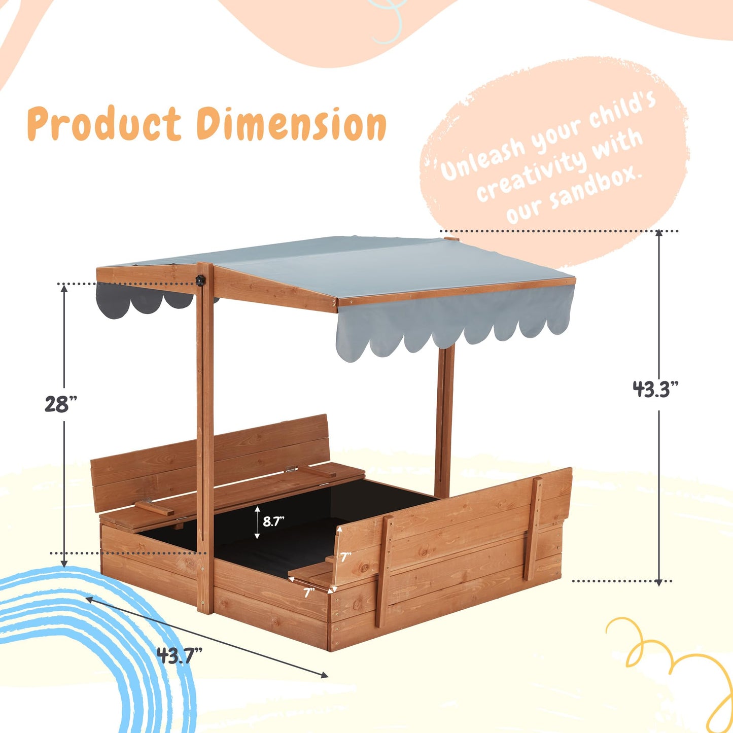 YOLENY Sandbox, Kids Sandbox with Lid, Sand Box for Kids Ages 3-8, Wooden Outdoor Sandbox with Cover and Height Adjustable Roof, Sand Protection Liner, for Backyard, Beach, Lawn, Orange