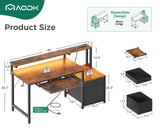AODK 48" Computer Desk with Fabric File Cabinet and Drawer, Reversible Office Desk with Power Outlet and LED Light, Study Desk with Printer Stand, Keyboard Tray, Monitor Riser and PC Stand, Vintage AODK