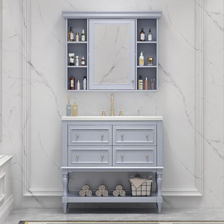 Merax Country 36" Bathroom Vanity with Matching Medicine Cabinet, Farmhouse Bathroom Vanity with Sink Storage Cabinet with 4 Drawers and Open Shelf, Solid Wood Frame Bath Storage Vanity Merax