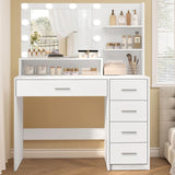 FIONESO Vanity Desk with Mirror and Lights, Makeup Vanity with 5 Drawers and 3 Storage Shelves, 3 Color Modes & Adjustable Brightness Dressing Table, Vanity Desk for Bedroom, White FIONESO