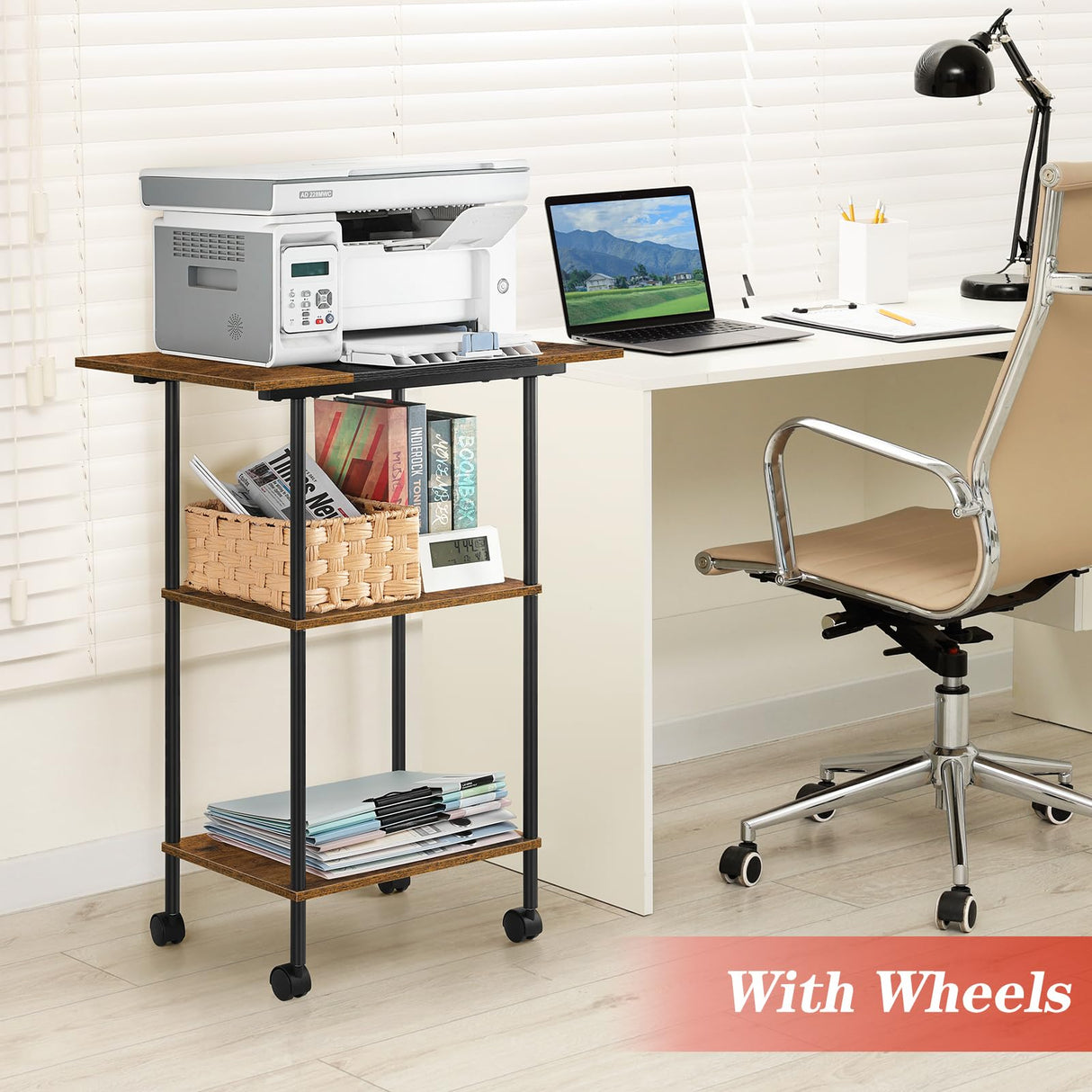 Luplom Large Printer Stand with Storage Rolling Printer Cart with Wheels 3 Tier Printer Table with Storage Shelf for Home Office Filing Scanner Fax Machine Heat Press Microwave Luplom