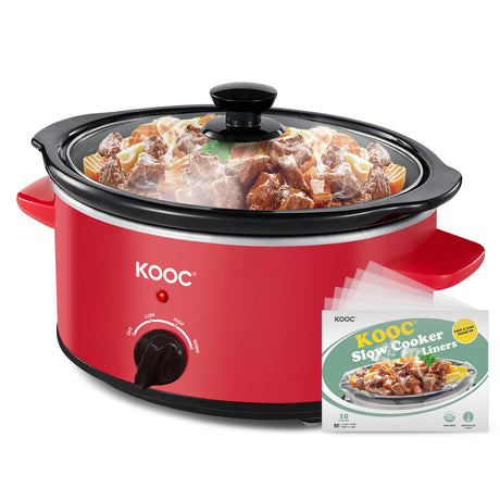 KOOC 4 Quart Slow Cooker, Free Liners Included for Easy Clean-up, 3 Temperature Settings, Dishwasher Safe Crock, Stainless Steel, RED, Ellipse KOOC