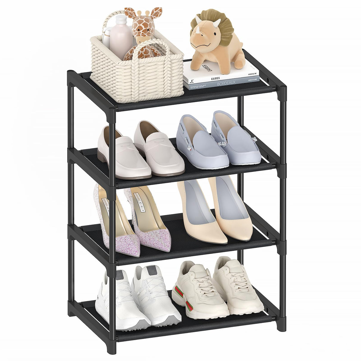Autonomier 4 Tier Small Shoe Rack, Narrow Stackable Kids Toddler Adult Shoe Storage Organizer Shelf for Closet Floor Entryway Bedroom, Space Saver Shoe Rack Organization Shelves Autonomier