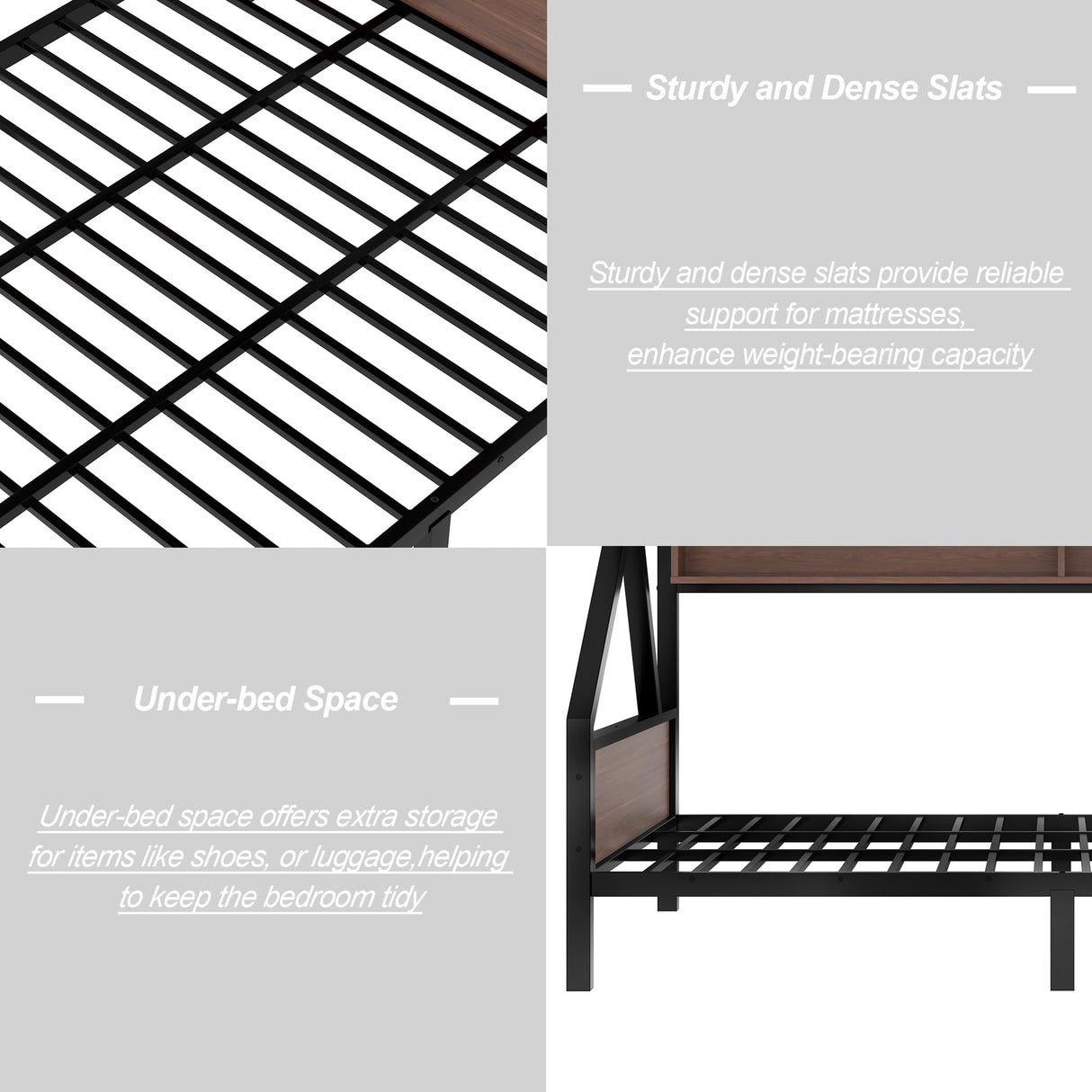 Twin Over Full Size Bunk Bed with Storage Shelves and LED Lights,Heavy Duty Adult Bunk Beds with Angled Ladder,Metal Bunk Bed Twin Over Full,Black Bellemave