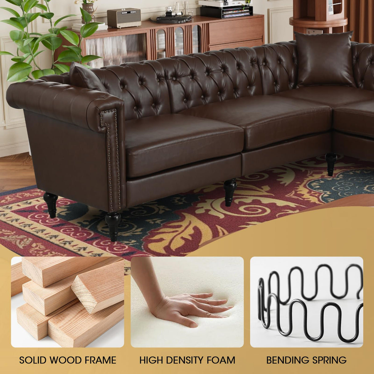 Kvutx 99.4" X 99.4" L Shaped Couch Faux Leather Sectional Couch with Three Pillows Chesterfield L Shaped Sofa 5 Seat PU Leather Sectional Couches for Living Room Brown Kvutx