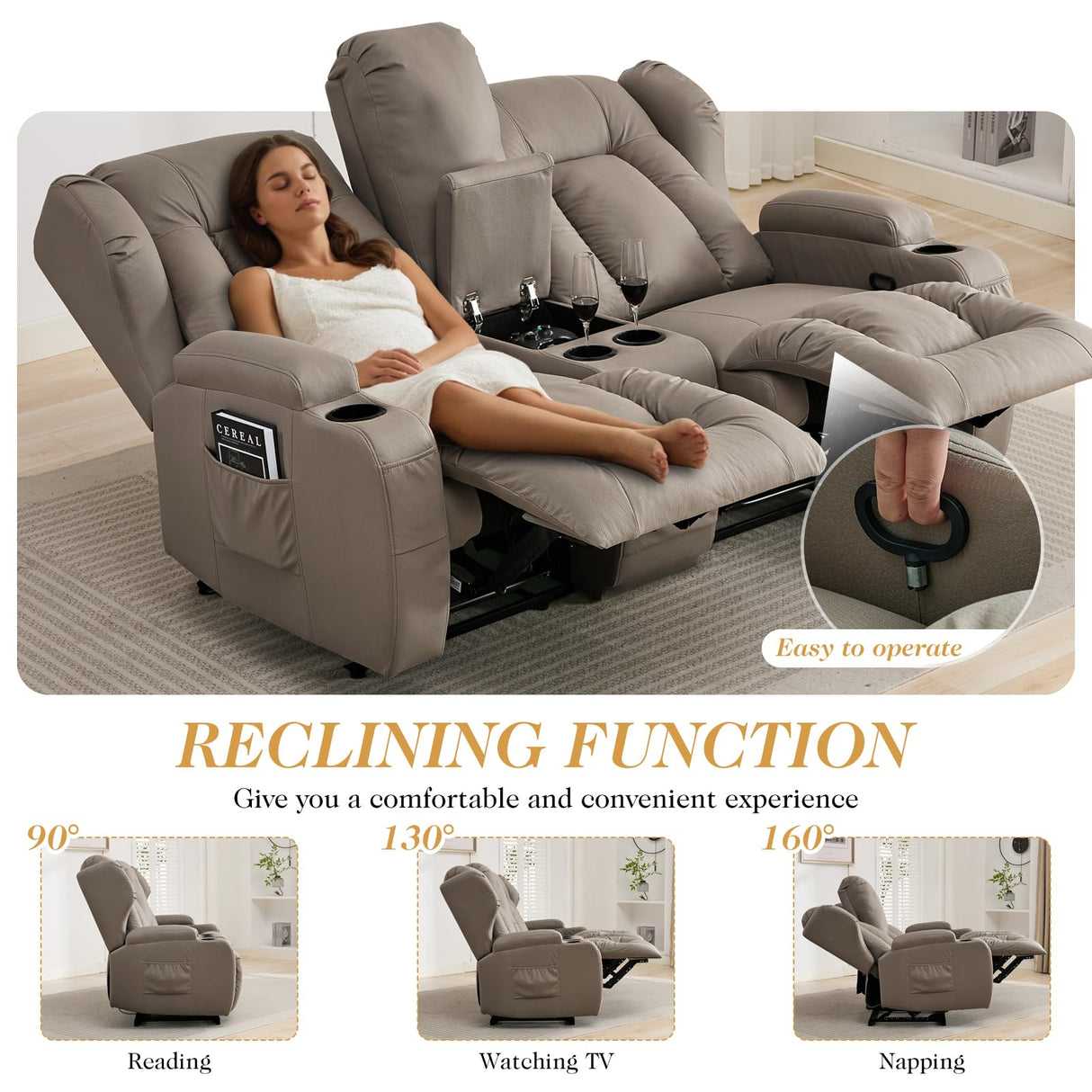 RV Loveseat Recliner with Console,Reclining Loveseat Sofa Wall Hugger Recliners for Small Spaces,Double Manual Recliner Couches with Cup Holders for Living Room Furniture (Fabric, Khaki) Generic